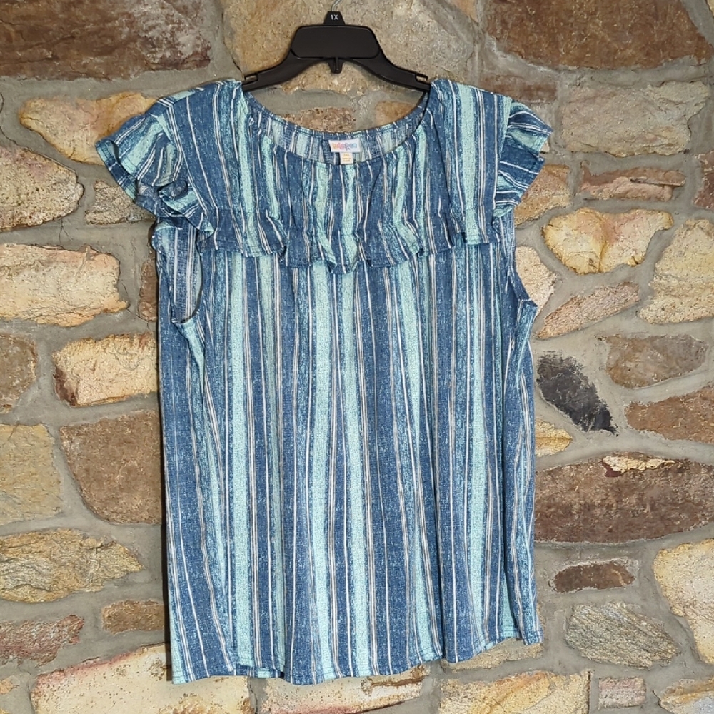 LuLaRoe Blue and Green Striped Blouse